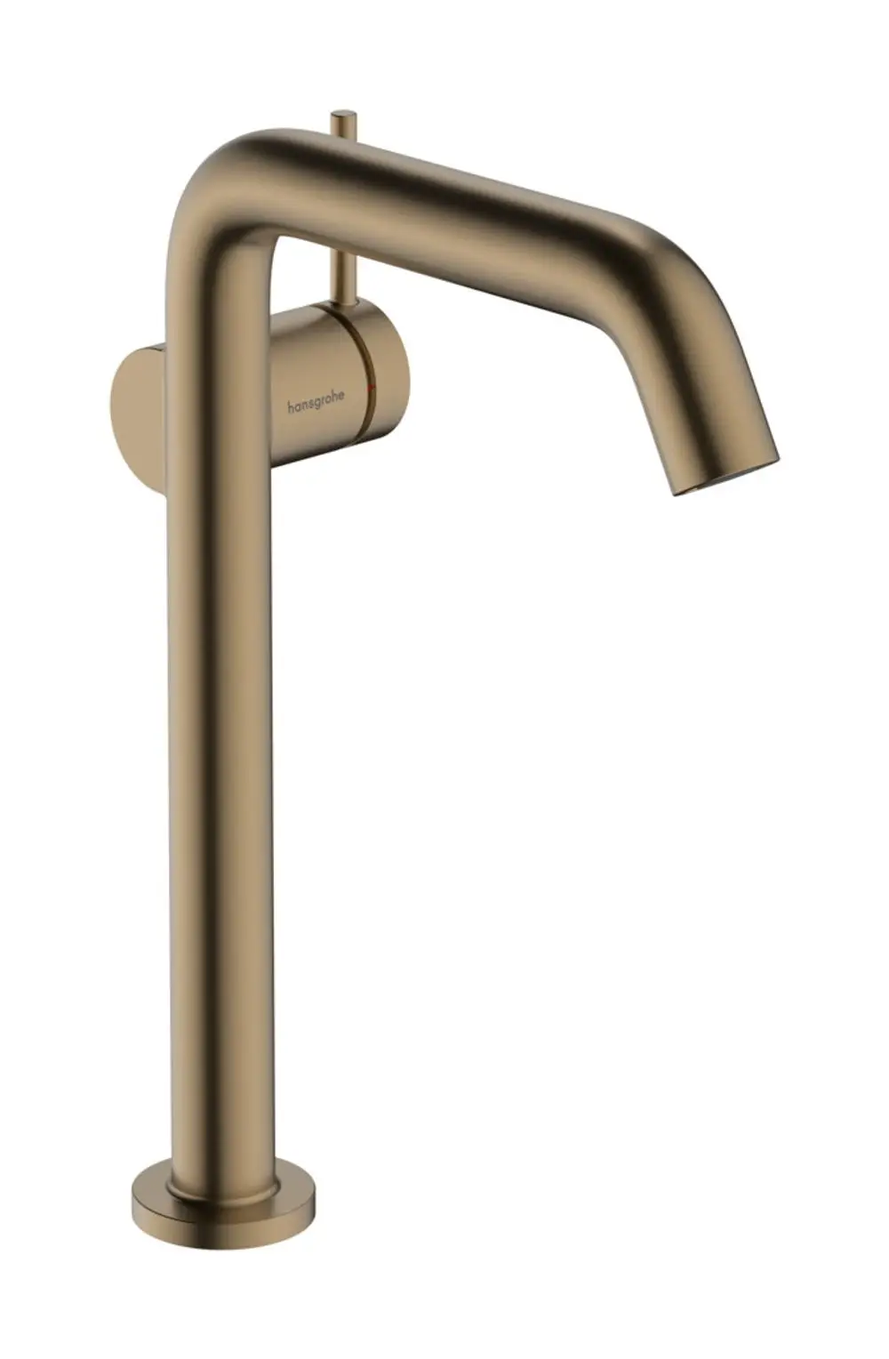 Ein Einhebel-Waschtischmischer von Hansgrohe in gebürstetem Bronze-Finish mit einem schmalen Auslauf und einem runden Montagefuß. Ideal für Aufsatzwaschtische.